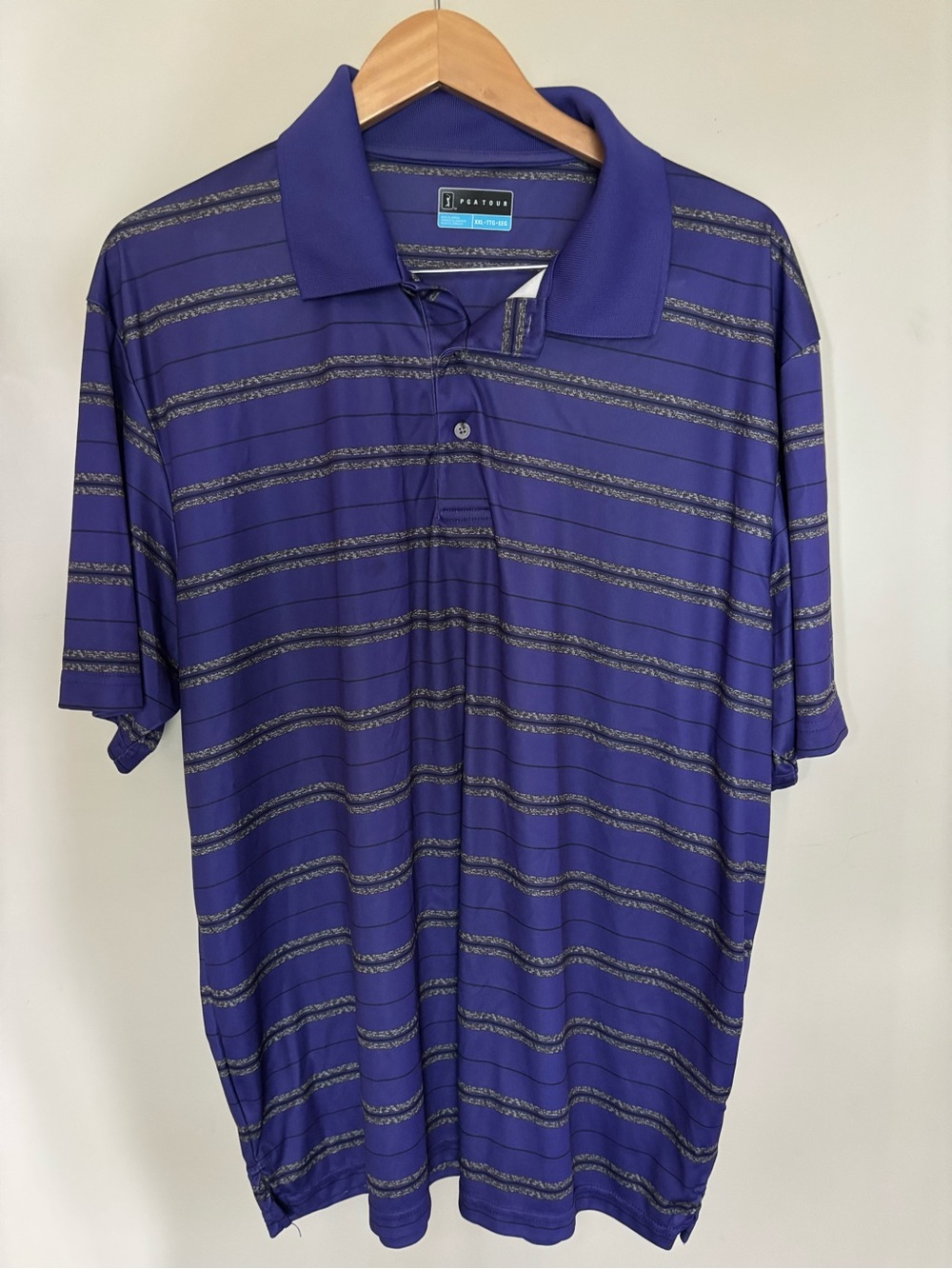 PGA Tour Men’s Purple Polo with Thin Gray Stripes